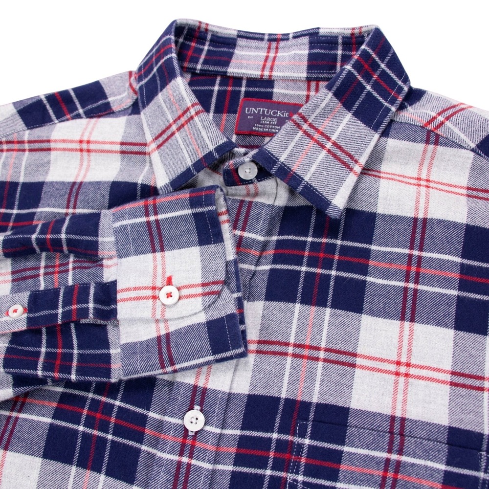 UNTUCKit Mens L Slim Fit Blue Red White Check Cotton Flannel‎ Long Sleeve Shirt
